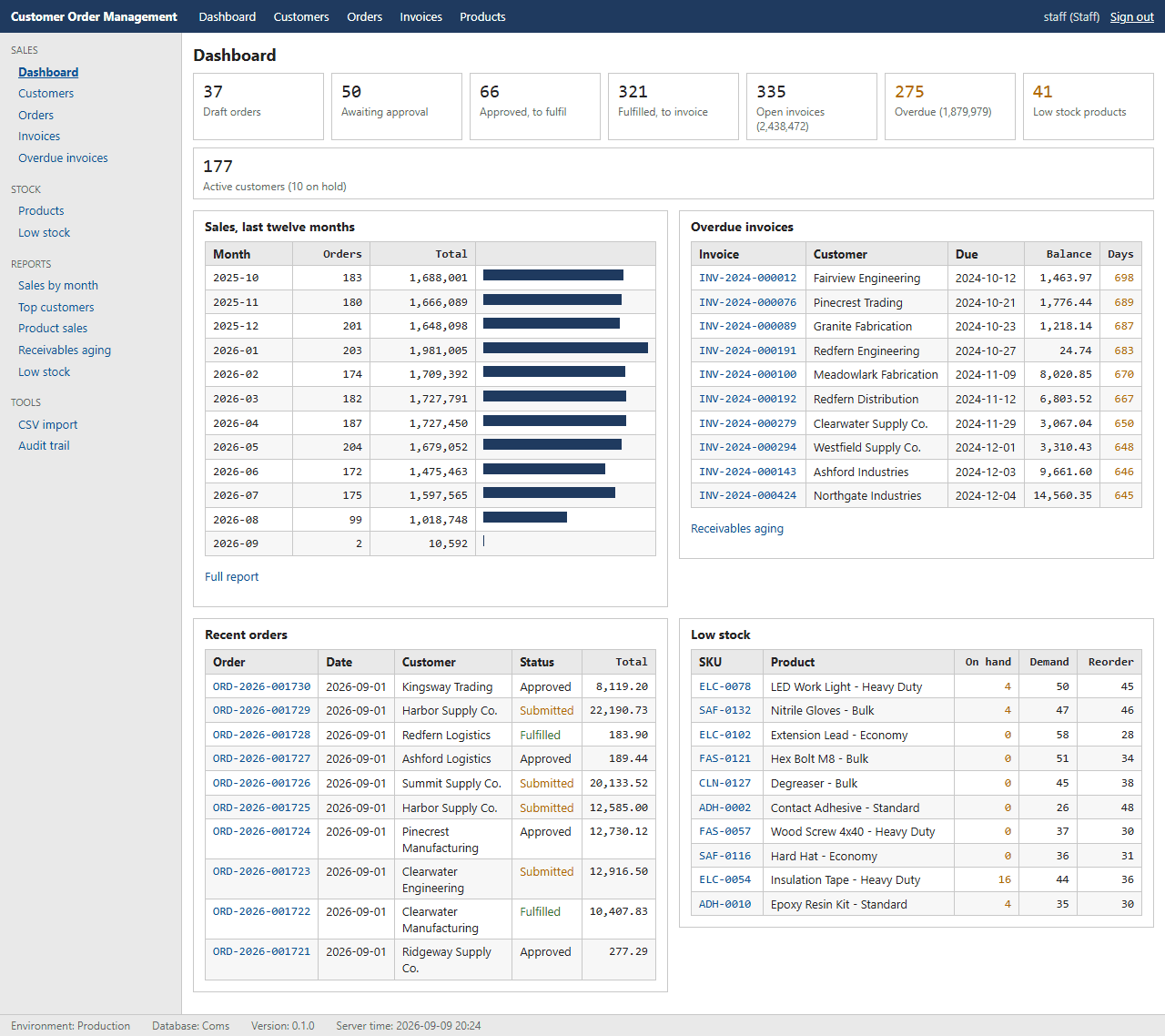 Screenshot of Customer Order Management System